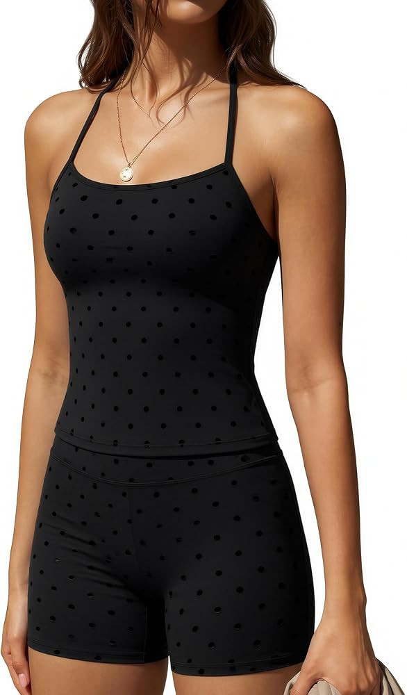 SUUKSESS Women 2 Piece Workout Sets High Waisted Tummy Control Biker Shorts Halter Padded Tank To... | Amazon (US)