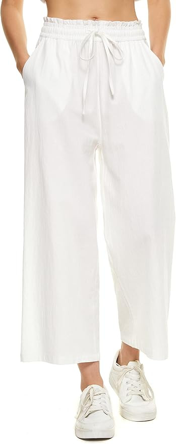 LNX Womens Wide Leg Linen Pants High Waisted Drawstring 100% Linen Flowy Crop Trousers with Pocke... | Amazon (US)