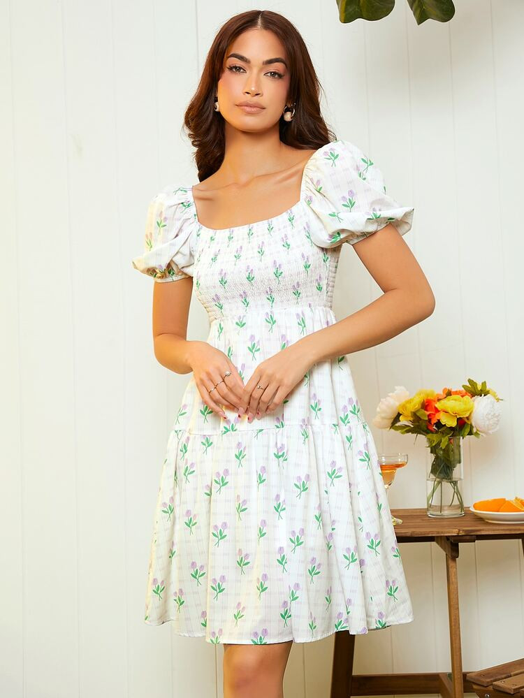 SHEIN Allover Floral Print Shirred Puff Sleeve Ruffle Hem Dress | SHEIN