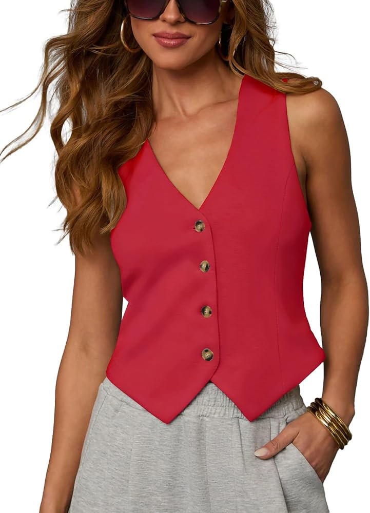 Women's Summer Vest Tops V Neck Button Down Tank Tops Sleeveless Going Out Crop Tops Cute Busines... | Amazon (US)