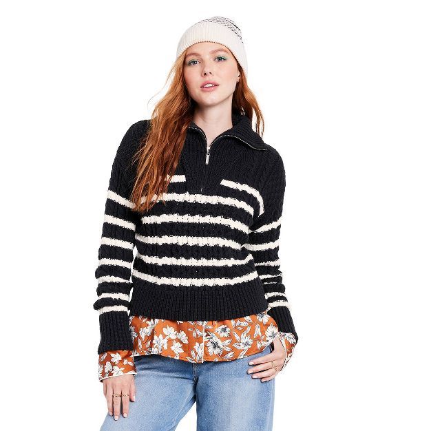 Women's Quarter Zip Striped Cable Knit Sweater - La Ligne x Target Navy/Cream | Target