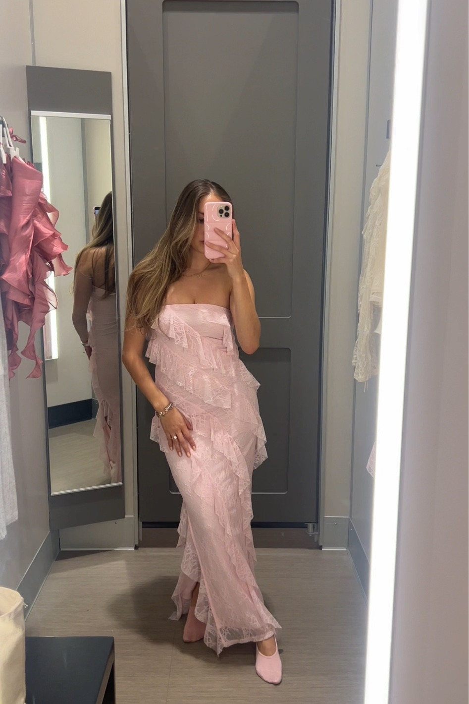 Target Ruffle Maxi Dress
I’m wearing a size XS

My measurements:
5’2, 24-25 waist, Small top, 6.5 shoe