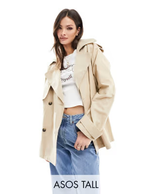 ASOS DESIGN Tall short oversized trench coat in stone | ASOS (Global)