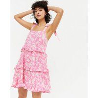 Pink Floral Tie Strap Frill Tiered Mini Dress New Look | New Look (UK)