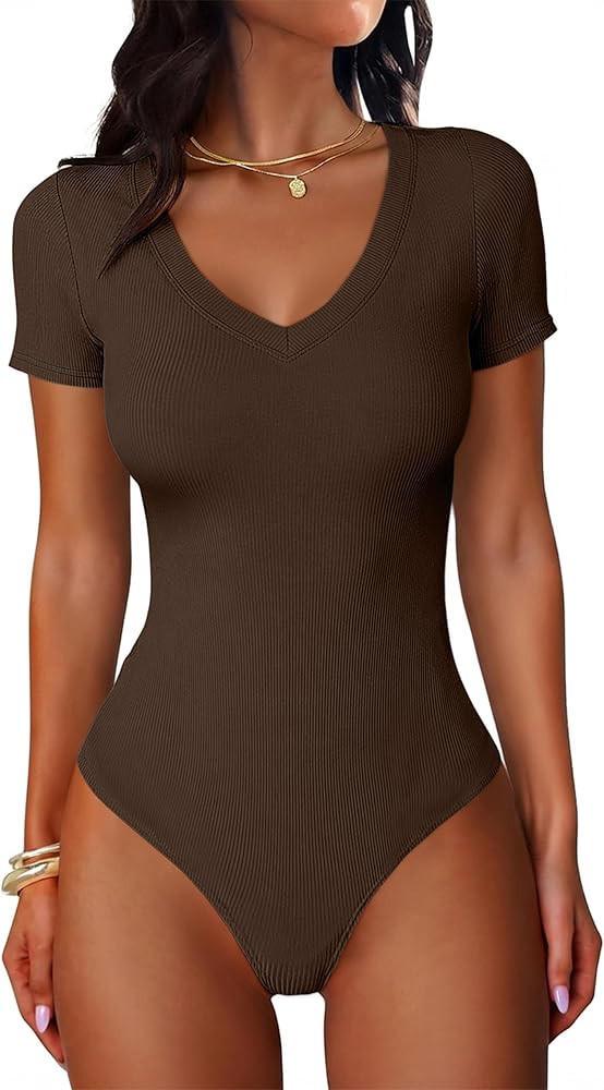ANRABESS Bodysuits for Women V Neck Short Sleeve Body Suit Tops Slim Fit Ribbed Knit Soft Basic T... | Amazon (US)