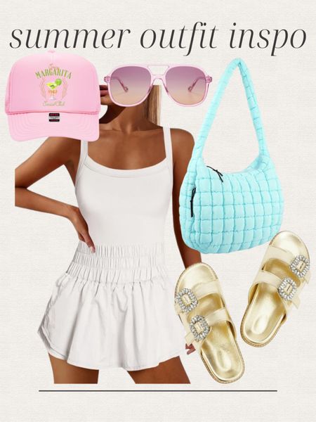 Amazon summer outfit inspo, casual outfit, activewear, romper, quilted handbag, tote bag, retro sunglasses, gold sandals, trucker hat, vacation outfit, date night outfit 


#LTKShoeCrush #LTKItBag #LTKActive