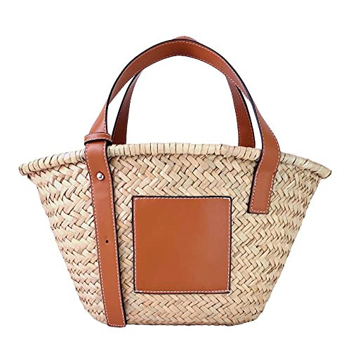JAYAVENTURA Straw Basket Bag for Women Woven Tote Bag for Summer Beach PU Leather Strap Raffia Handbag (Medium) | Amazon (US)