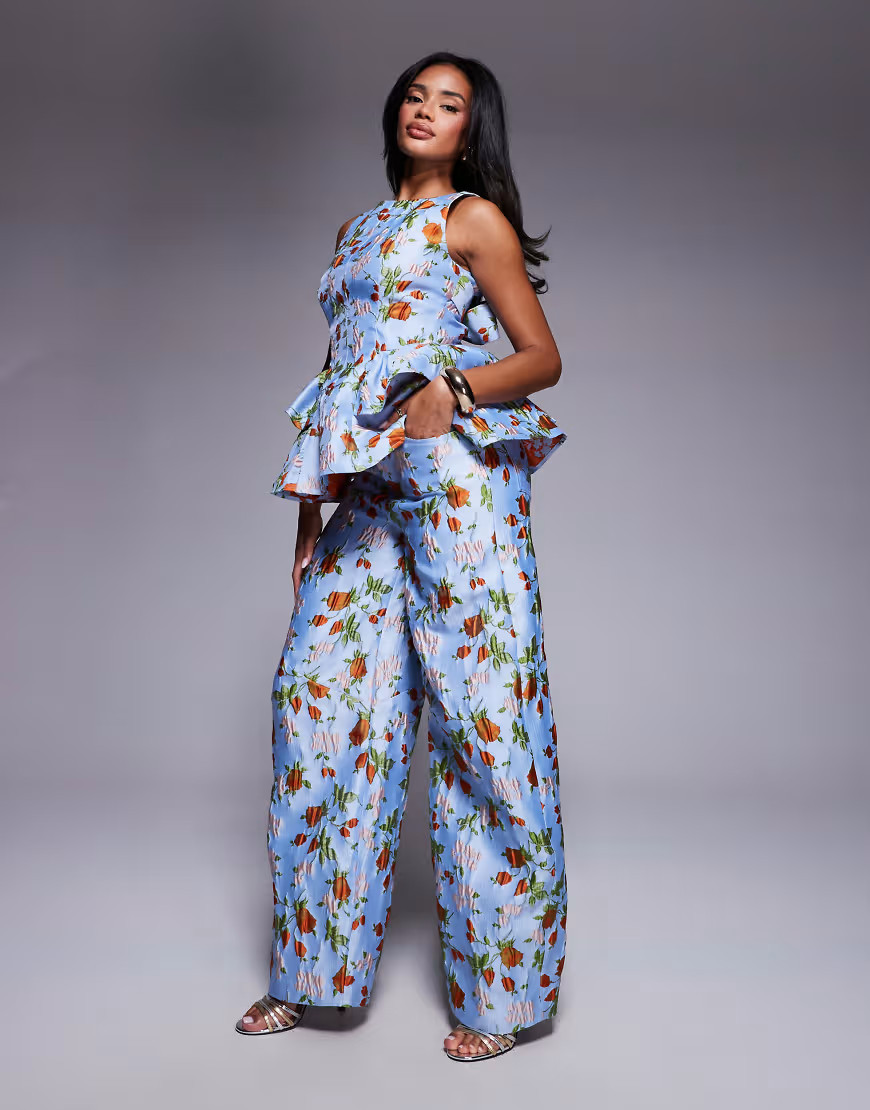 ASOS LUXE co-ord jacquard barrel leg trouser in capri floral-Blue | ASOS (Global)