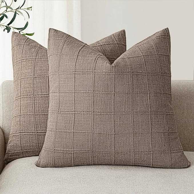 Foindtower Set of 2 Decorative Linen Check Throw Pillow Covers Neutral Farmhouse Vintage Cushion ... | Amazon (US)