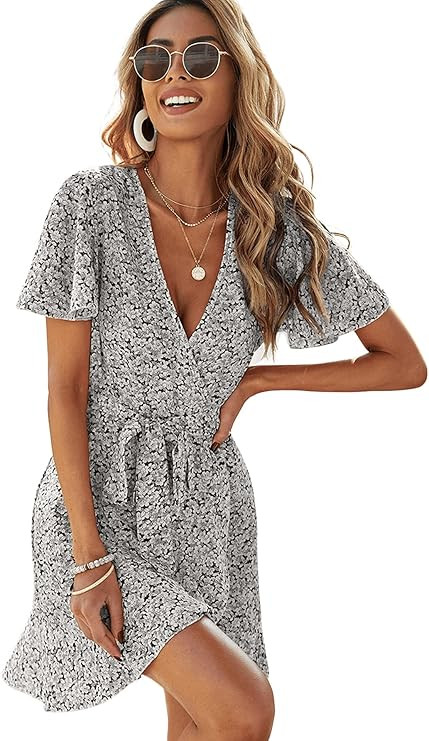 SheIn Women's Floral Tie Front Ruffle Mini Dress V Neck Short Sleeve A Line Flare Dresses | Amazon (US)