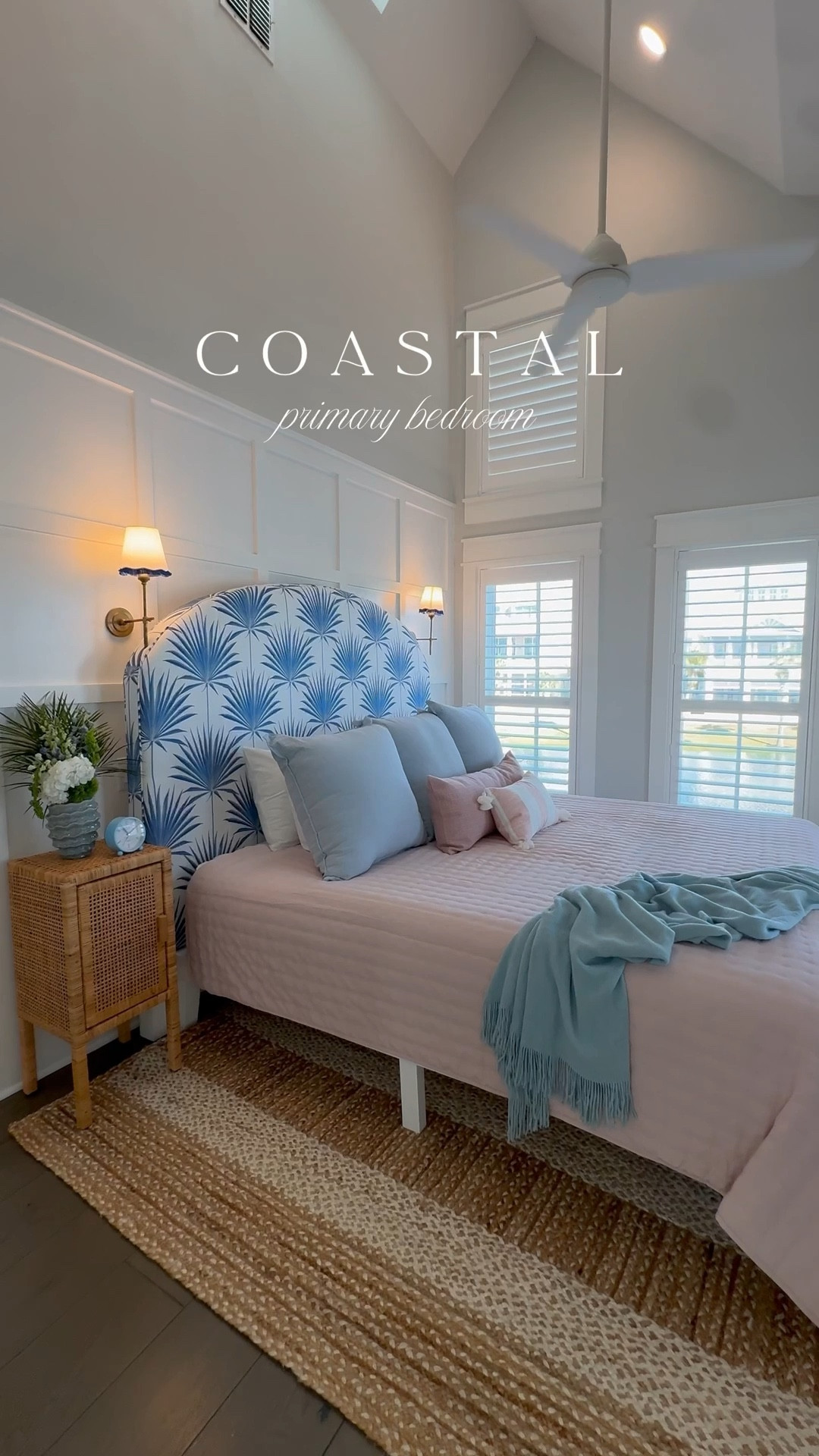 Primary bedroom + bathroom refresh at The Southern Anchor project 🌴 Island Palm fabric by Serena & Lily on the headboard sets the perfect coastal-chic vibe, paired with a bedding refresh, new rug, nightstands, fresh art, and a subtle pop of color on the sconces. 🌊

#LTKSaleAlert #LTKHome #LTKdayinmylife