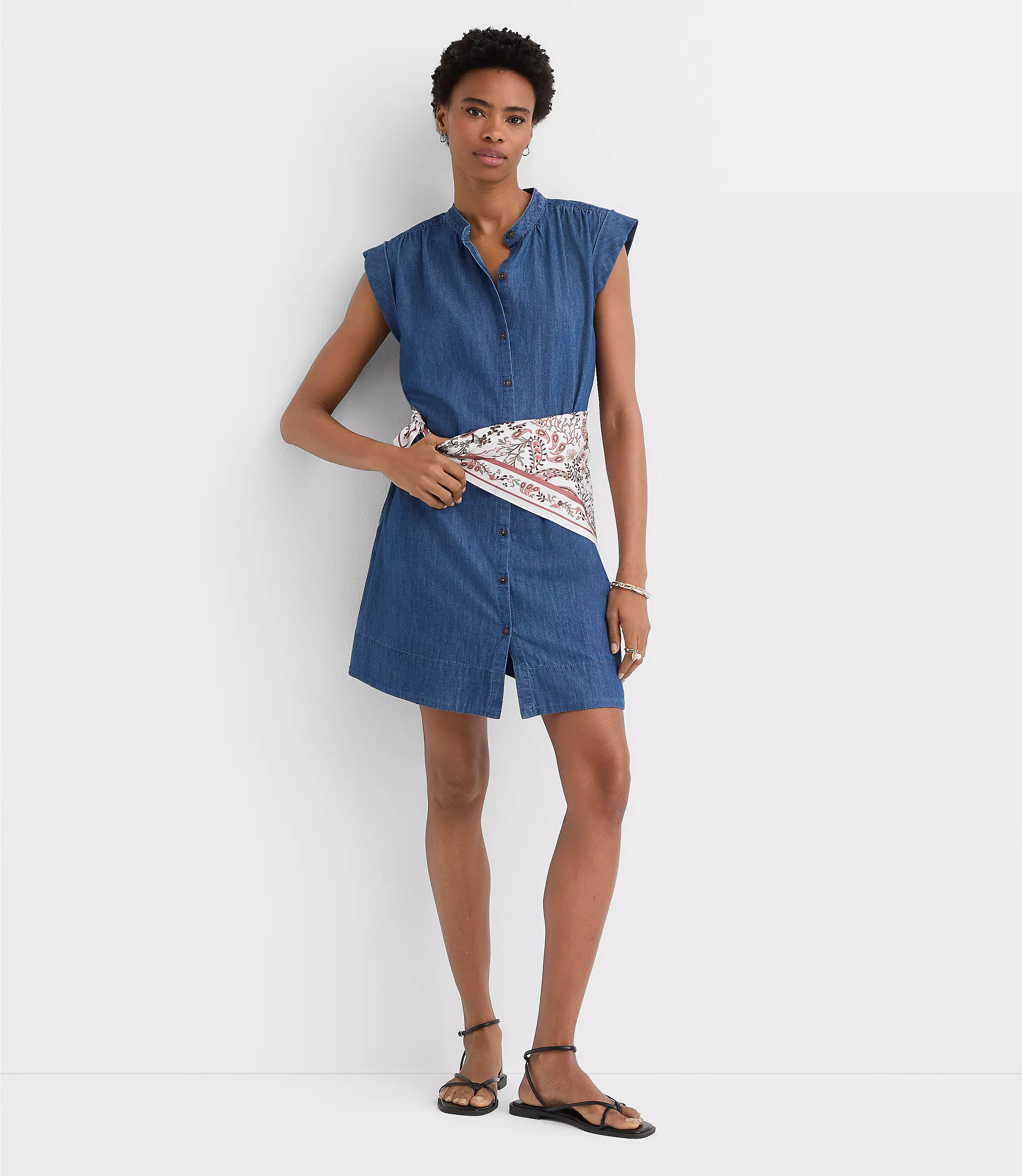 Chambray Shirred Mini Pocket Dress | LOFT