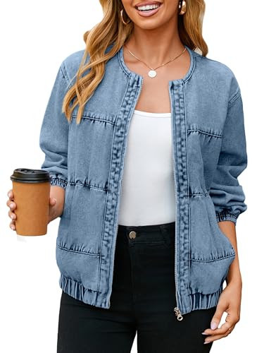 Glamaker Womens Denim Bomber Jacket Trendy Casual Zip Up Crew Neck Long Sleeve Loose Fit Jean Jacket Fall Outfits With Pockets (Denim Blue L) | Amazon (US)