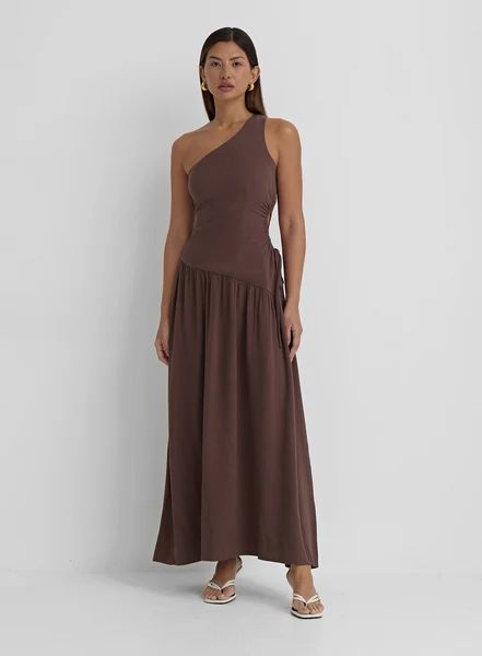 Brown Linen One Shoulder Cut Out Detail Dress- Clara | 4th & Reckless