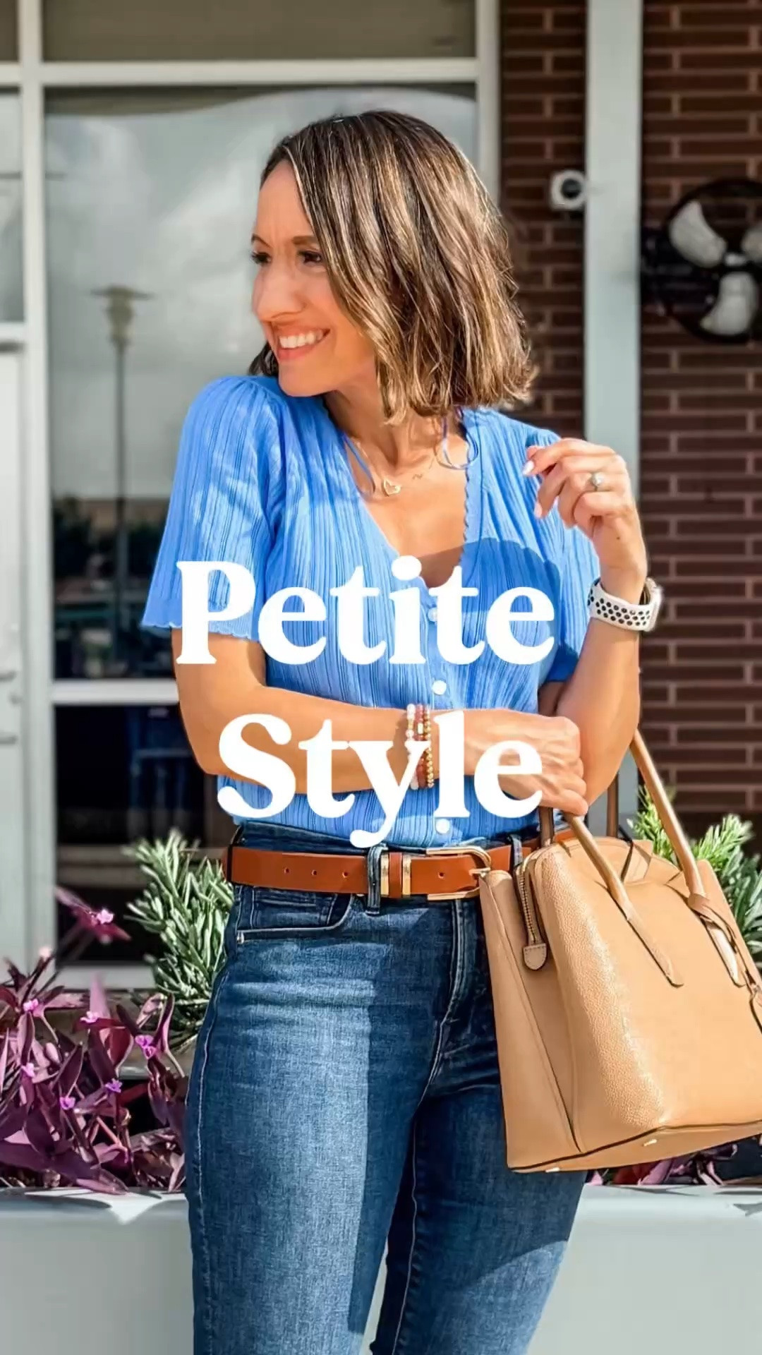 Outfit of the day. 
Corn flower blue top with the sweetest button detail. This top runs true to size. 
Good American brand jeans. I love that these are mid rise. 
Brown leather belt. 
Kate Spade taupe handbag. 
Petite style 
Petite outfit 
Summer style 
Vacay style
Casual Friday style

#LTKootd #LTKOver40 #LTKPetite