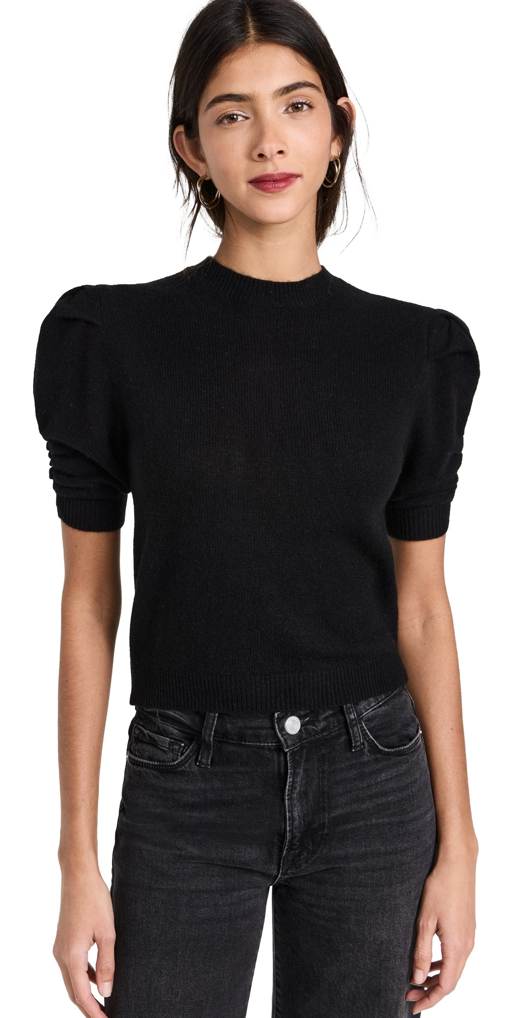 FRAME Ruched Sleeve Cashmere Sweater Noir XL | Shopbop