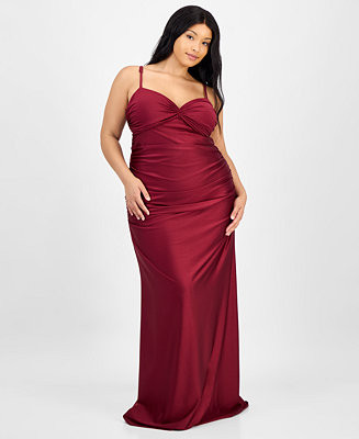 Trendy Plus Size Twist-Front Ruched Satin Gown | Macy's