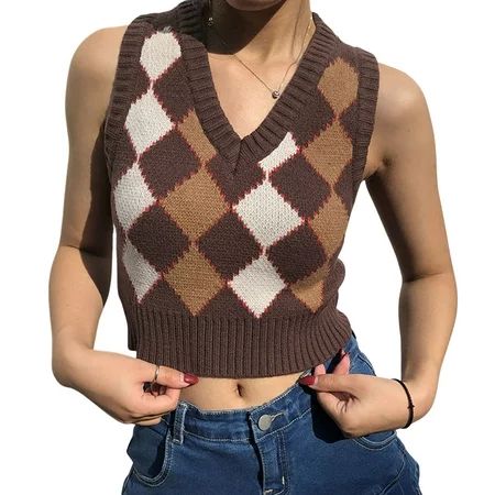 Mialoley Women’s Argyle Sweater Vest Sleeveless V Neck Plaid Print Rib Knit Crop Tank Top | Walmart (US)