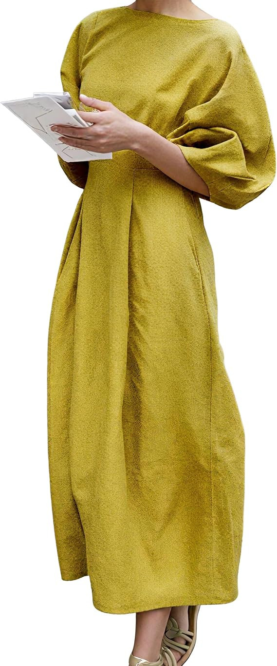 oshoplive Women's Vintage Linen Midi Dress 2025 Puff Sleeves Crew Neck Empire Waist Casual Dresse... | Amazon (US)