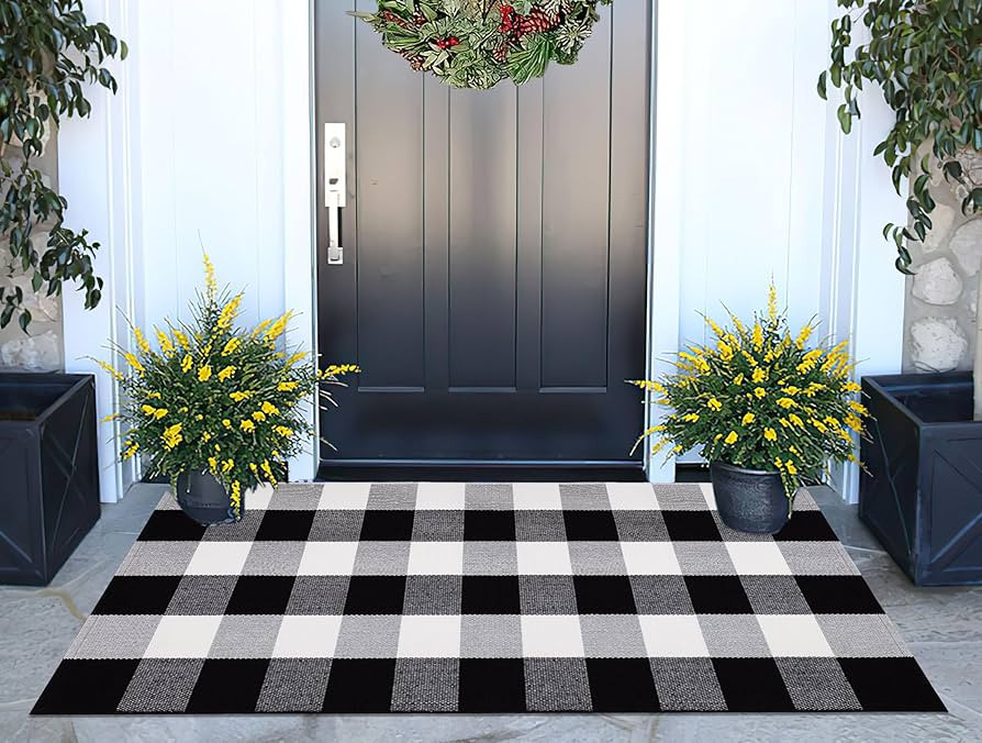 Buffalo Plaid Front Porch Rug 24''x 51''Black and White Checkered Outdoor Rug Cotton Machine Wash... | Amazon (US)