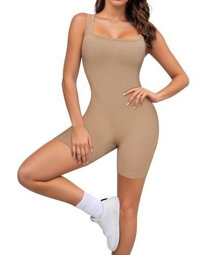 TrainingGirl Women Square Neck Jumpsuits Ribbed Workout Bodysuit Sports Romper Shorts One Piece Outfits Seamless Yoga Bodycon (Khaki, X-Small) | Amazon (US)
