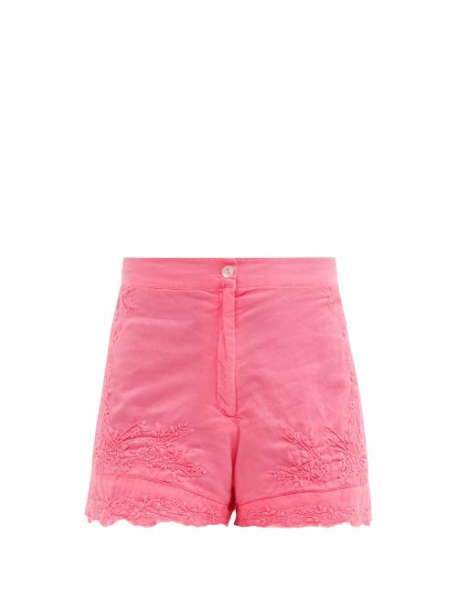 Juliet Dunn - Floral-embroidered High-rise Cotton Shorts - Womens - Pink | Matches (US)