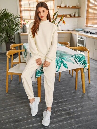 SHEIN Drop Shoulder Mock-neck Pullover & Sweatpants Set | SHEIN