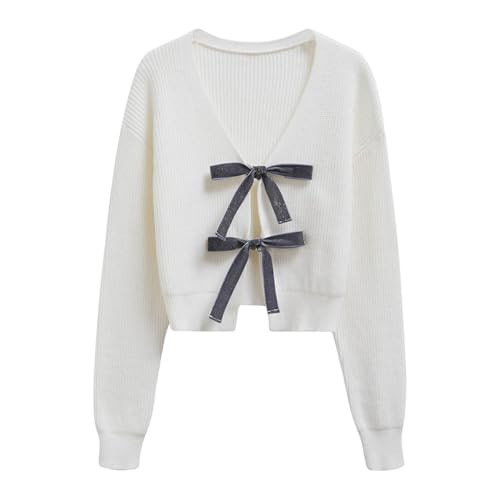 CHICWISH Women Velvet Tie Front Crop Ribbed Knit Cardigan Sweaters V Neck Long Sleeves Trendy Fall Winter Casual Tops White | Amazon (US)