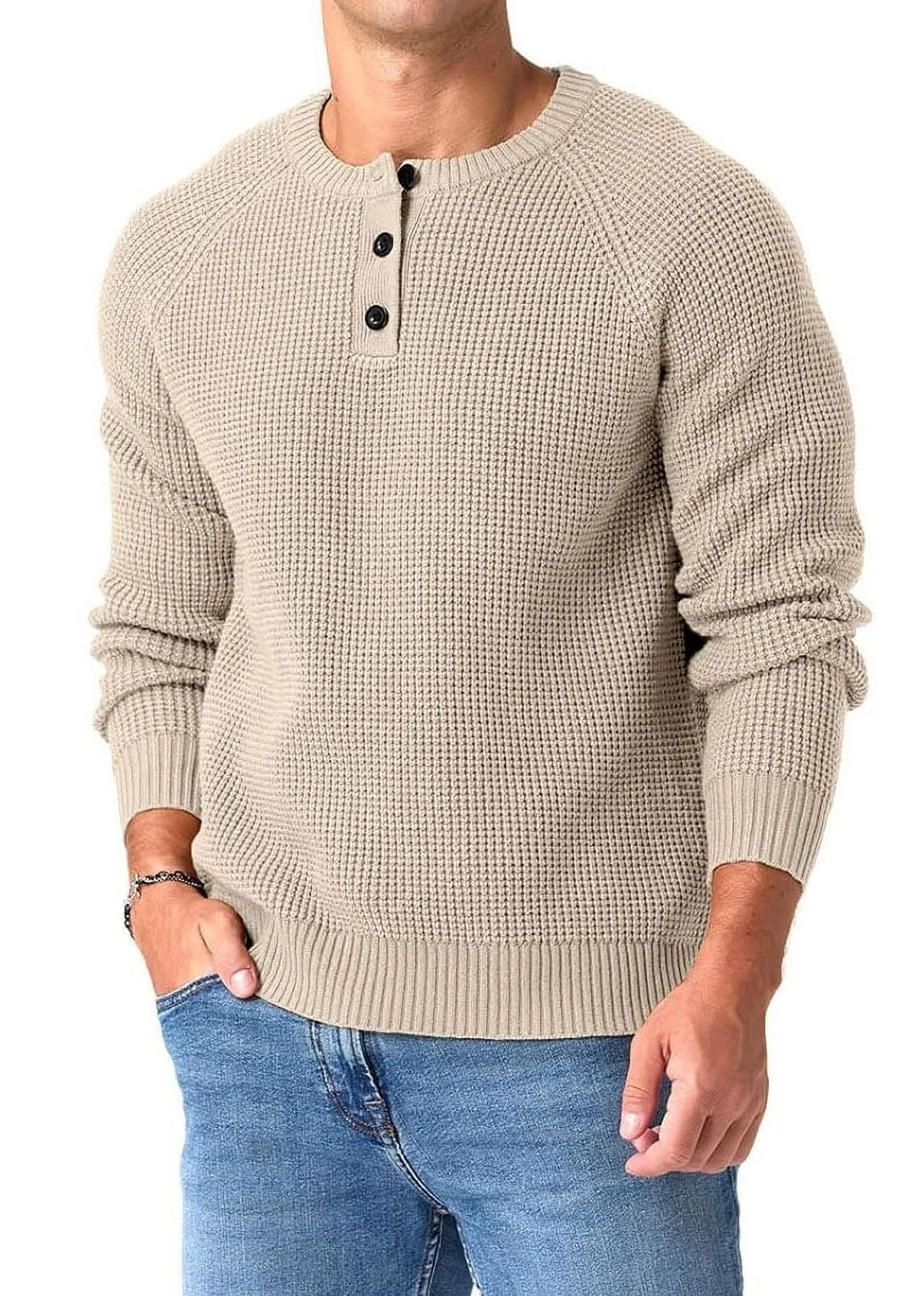 QDG Mens Henley Knit Pullover Sweater Waffle Crewneck Casual Texture Fashion Sweater | Walmart (US)