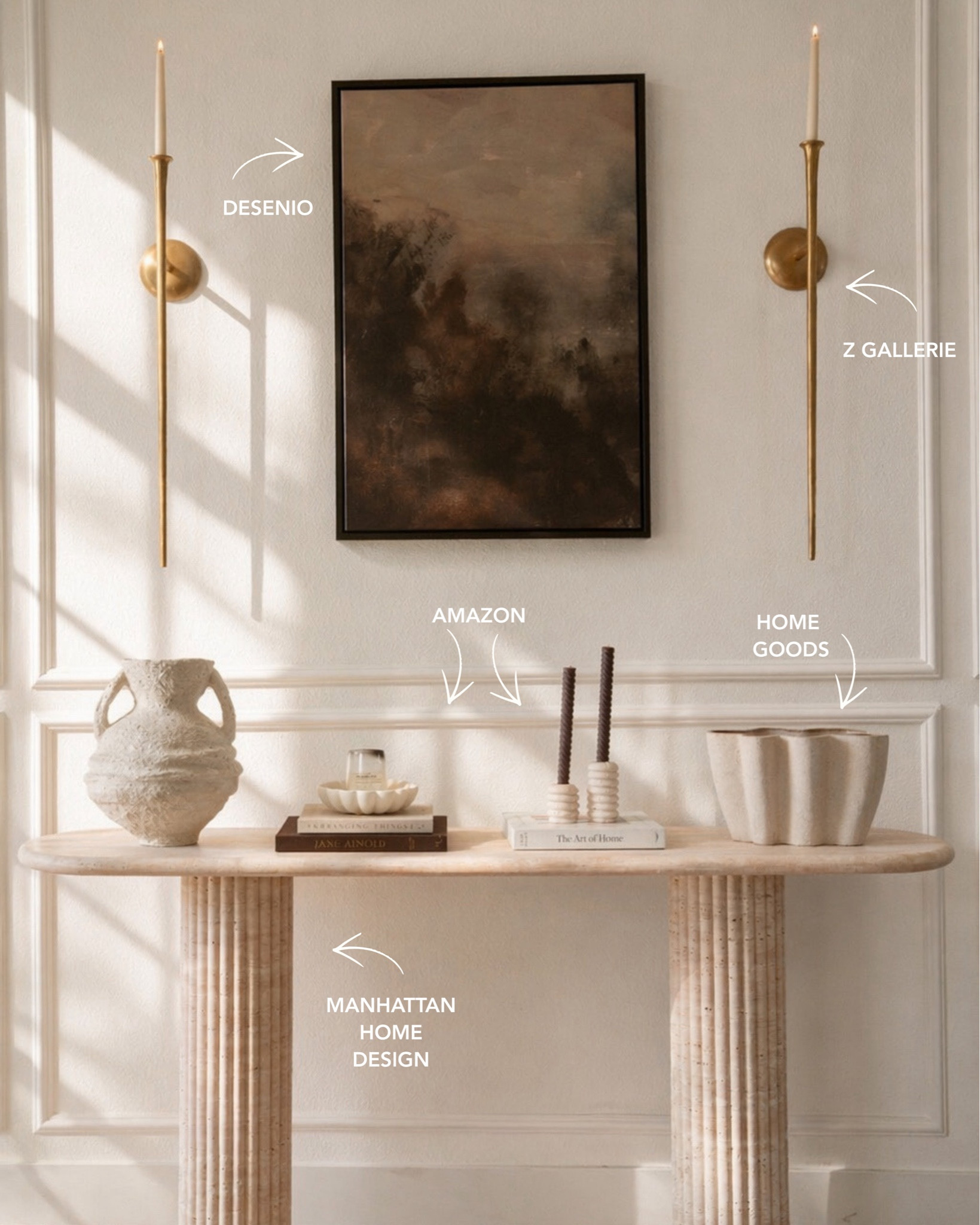 A few of my favorite details from this corner lately. I swear styling a console table is one of those things that looks simple until you actually try to make it feel balanced.

The trick that always makes it feel more high-end is mixing texture, shape, and height without overcrowding anything. The warm brass, moody art, soft stone tones, and layered neutrals made this whole space finally feel finished without needing a full room makeover.

Linked everything for those asking where the pieces are from.

#homedecor #interiordesign #neutralhome #modernvintage #homeinspo

neutral home decor, console table styling, modern vintage decor, moody neutral aesthetic, warm minimal home, luxury home styling, brass wall sconces, framed abstract art, marble console table, curated home decor, organic modern style, designer inspired home, cozy neutral interiors, textured decor, elevated home styling