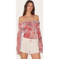 Dusty Pink Printed Bardot Chiffon Blouse | PrettyLittleThing US