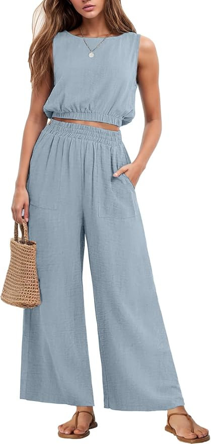 GRECERELLE Two Piece Sets for Women Sleeveless Crop Top Wide Leg Pants Sweat Set for Women Tracks... | Amazon (US)