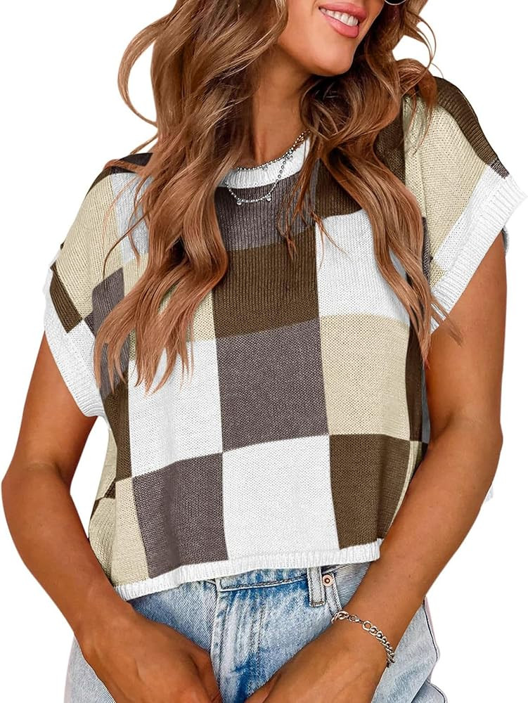 Womens Cap Sleeve Summer Tops Crop Checkered Y2K Outfits Cute Preppy Clothes Loose Fit Lightweigh... | Amazon (US)