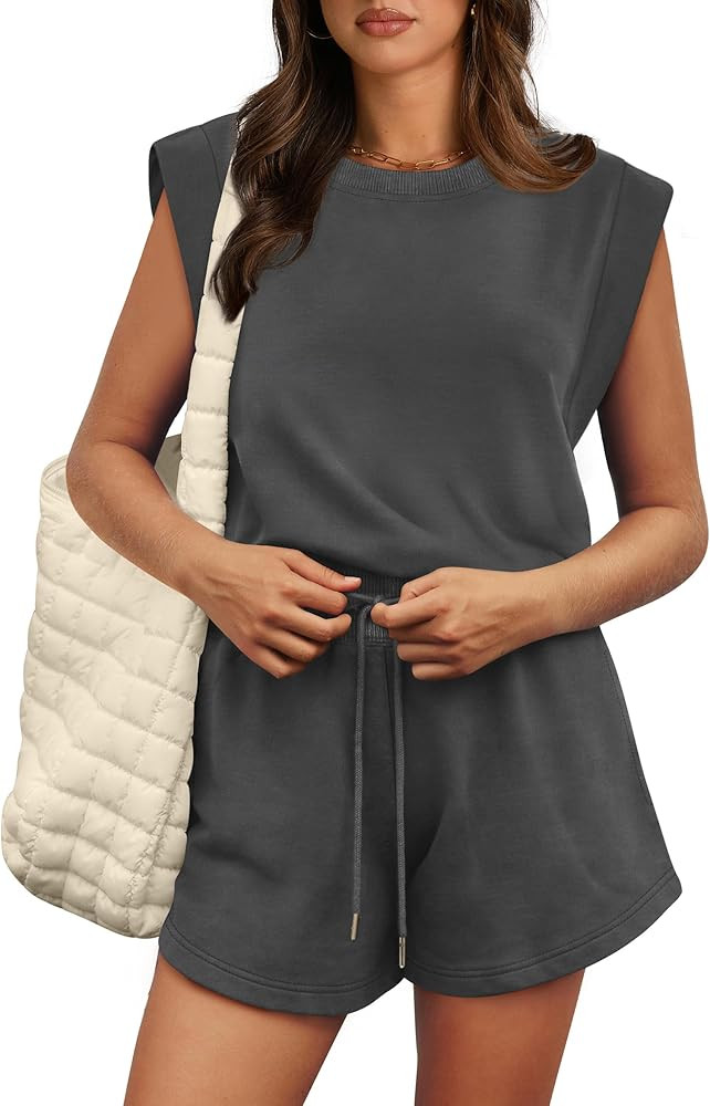 OFEEFAN Rompers for Women Summer Cap Sleeve Adjustable Drawstring Waistband Crewneck Casual Outfi... | Amazon (US)