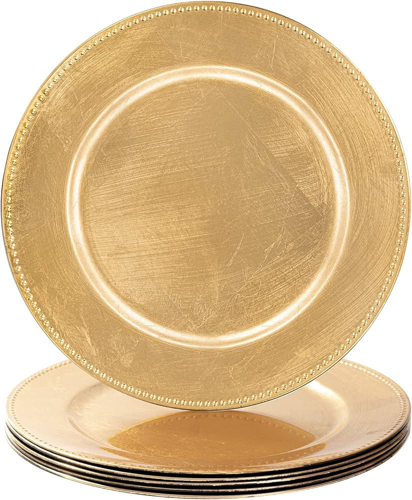 MAONAME Foil Gold Charger Plates with Beaded, 13" Plate Chargers for Dinner Plate, Plastic Round ... | Amazon (US)