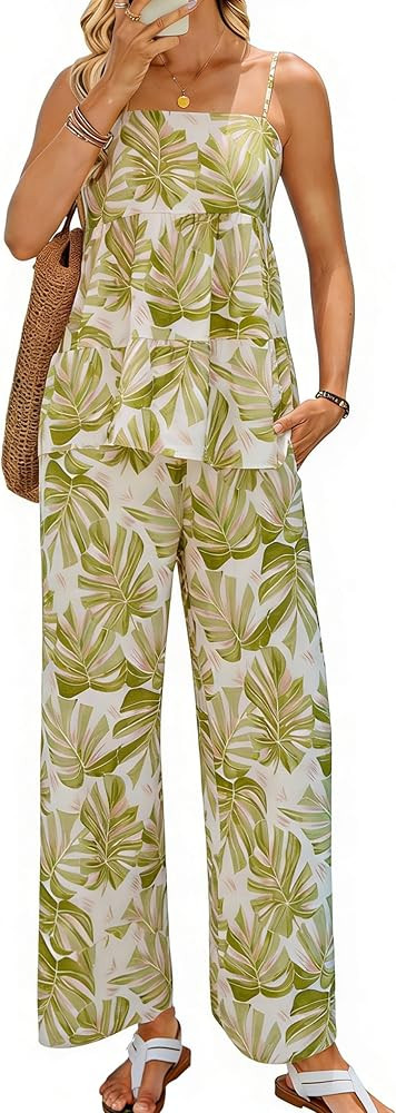 Glamaker Womens Summer 2 Piece Sets Floral Spaghetti Tank Top Wide Leg Pants Travel Beach Vacatio... | Amazon (US)