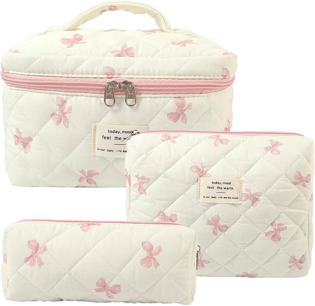 Makeup Bag, 3 PCS Quilted Makeup Bag, Cute Floral Cotton Cosmetic Bag set, Coquette Makeup Pouch ... | Amazon (US)
