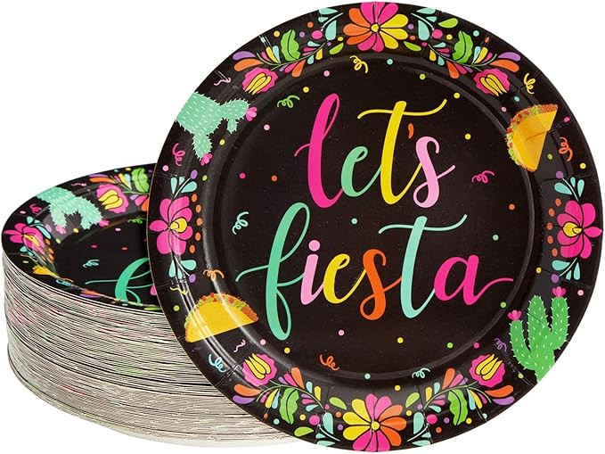 Sparkle and Bash 80 Pack Let's Fiesta Paper Plates for Cinco de Mayo Party Decorations, Black (9 ... | Amazon (US)