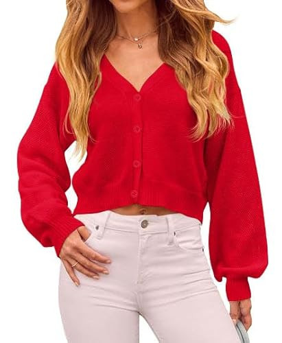 Ezbelle Womens Cardigan Sweater Long Sleeves Crop Shirts Puff Sweaters V Neck Button Tops Oversized Clothes Red XLarge | Amazon (US)