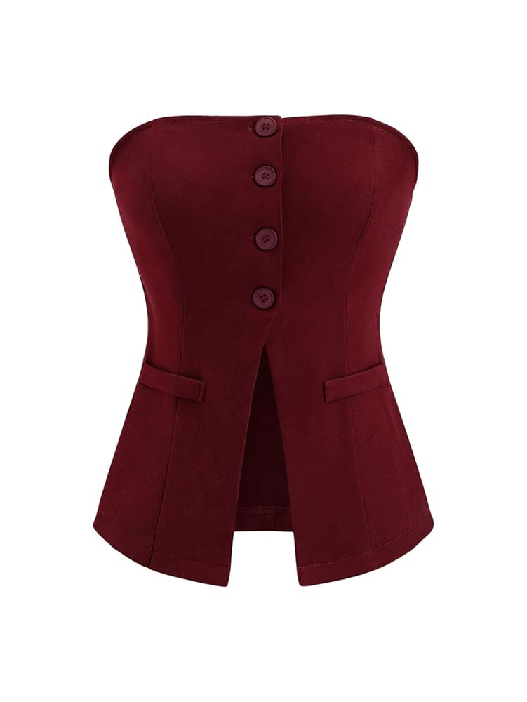 Milumia Women's Sleeveless Bandeau Button Front Strapless Blazer Top Split Hem Tube Top Blazer Ve... | Amazon (US)