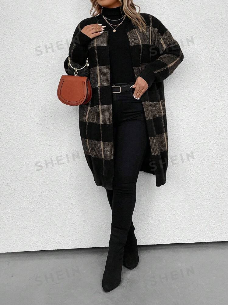 SHEIN LUNE Plus Size Plaid Pattern Drop Shoulder Cardigan, For Winter | SHEIN