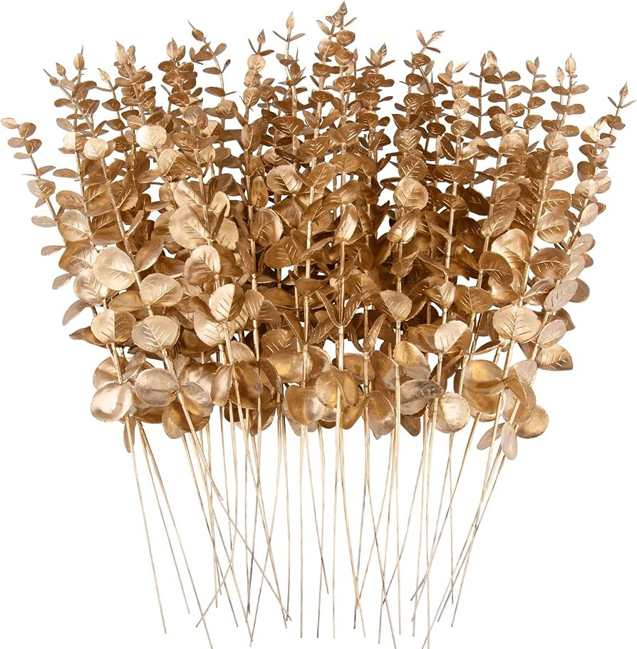 FEQO 36 Pcs Gold Eucalyptus Stems Artificial Leaves Faux Eucalyptus Stems Branches 15 inch for We... | Amazon (US)