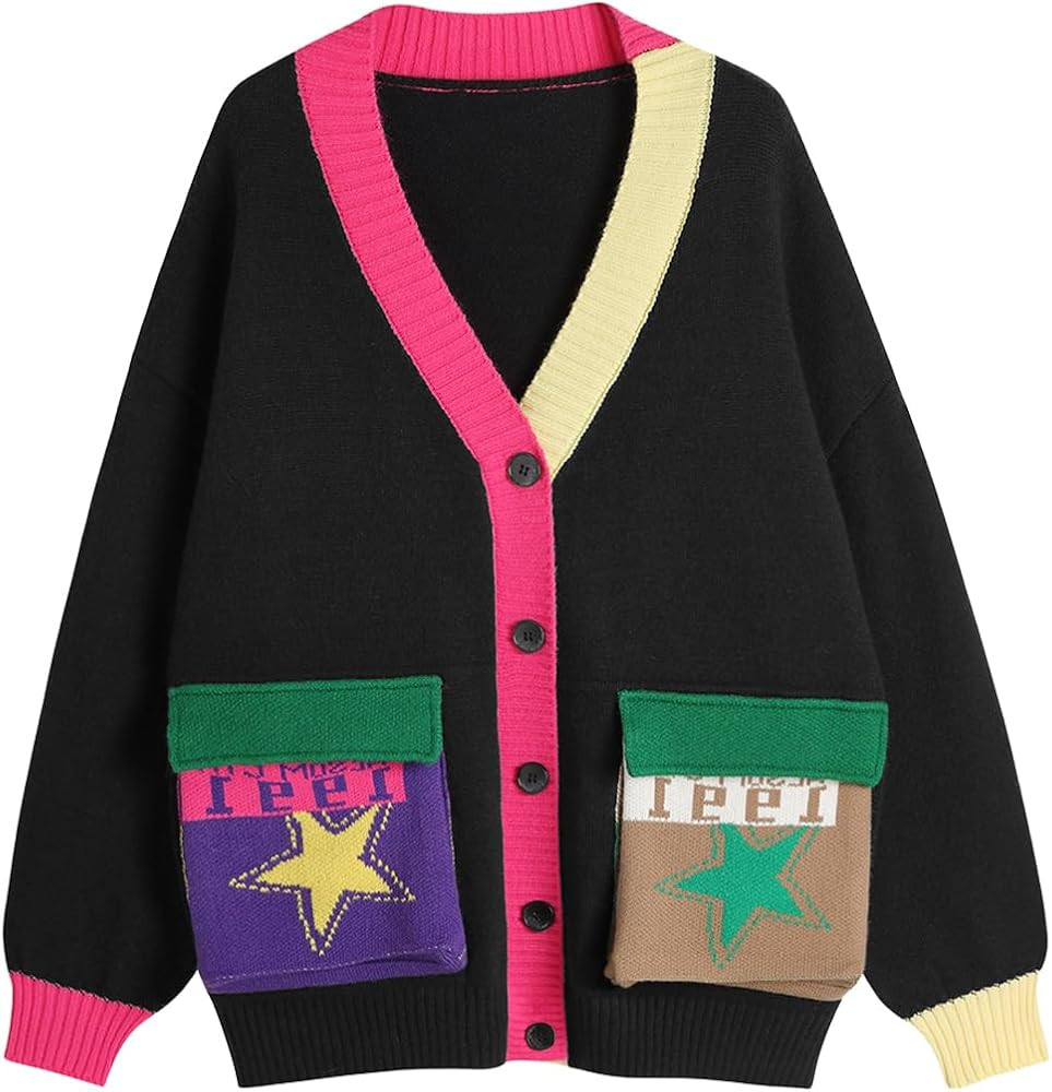 Ckikiou Women's Oversized Fall Winter Button Down Cute Color Block Knitted Chunky Sweater Cardiga... | Amazon (US)