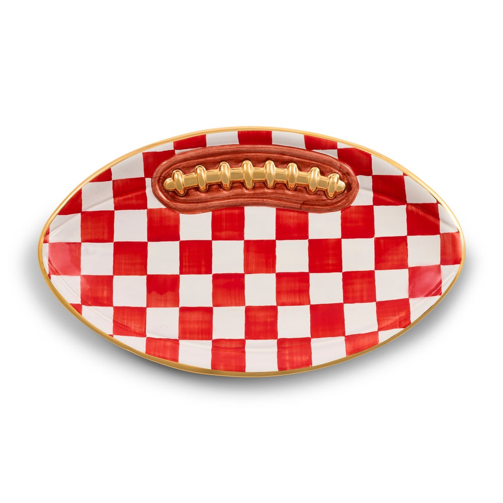 Red Check Ceramic Football Platter | MacKenzie-Childs