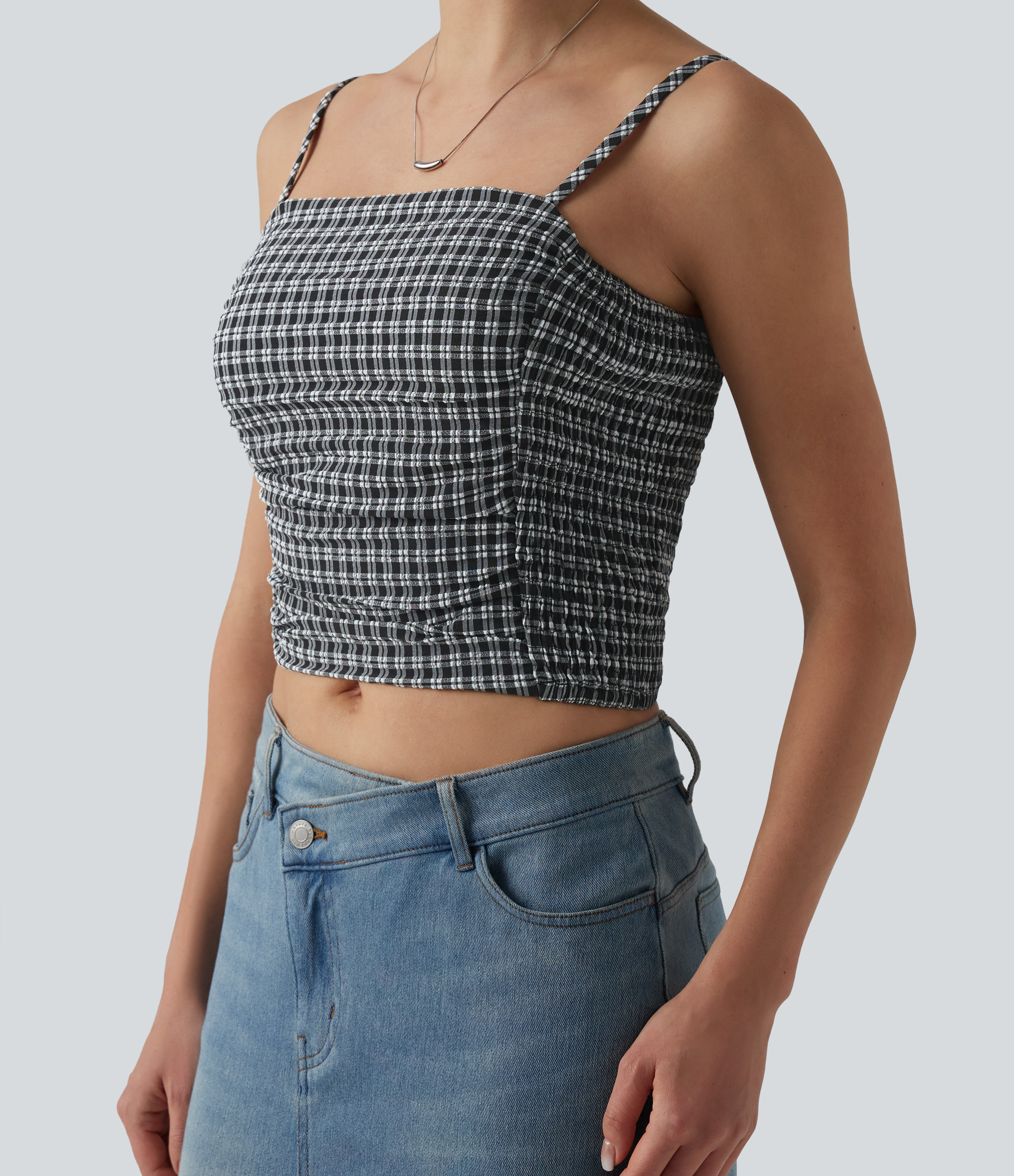 Gingham Ruched Cropped Workout Tank Top | Halara-AU