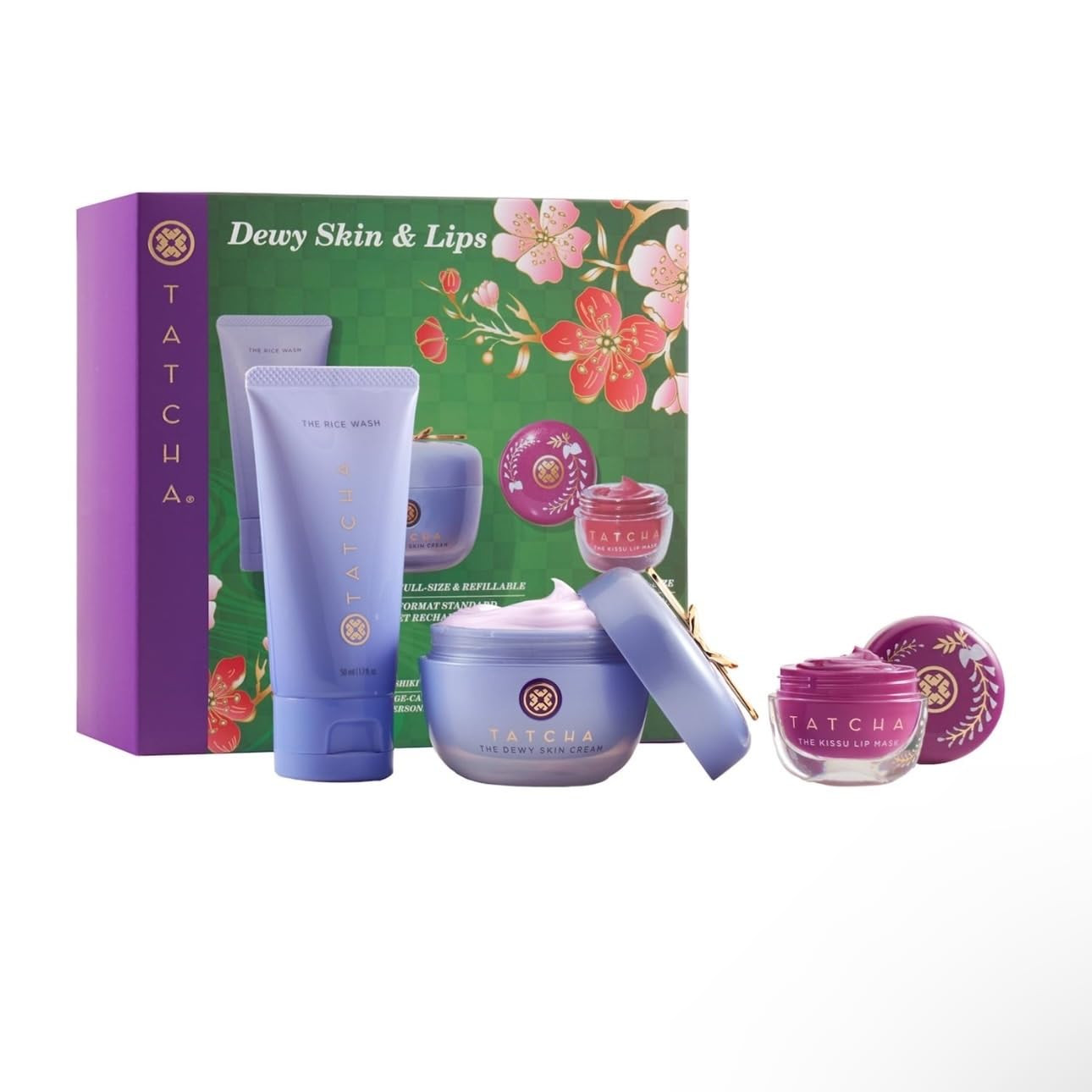 Tatcha Dewy Skin & Lips Hydrating Ritual Set, Travel Rice Wash, Full Size Dewy Skin Cream, Wister... | Amazon (US)