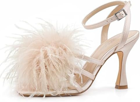 BCTEX COLL Women's Heeled Sandals Fluffy Feather Square Open Toe Ankle Strap Sexy Stiletto High H... | Amazon (US)