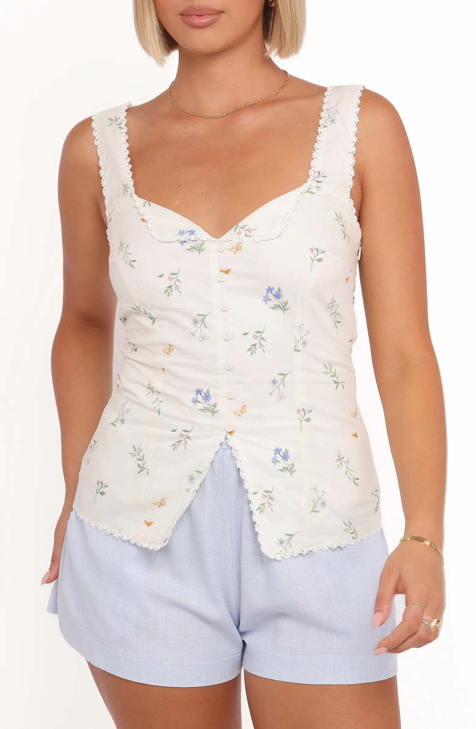 Ana Floral Embroidered Lace Trim Split Front Top | Nordstrom