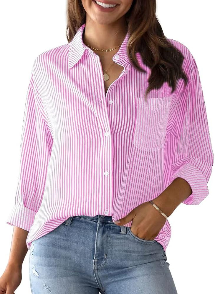 IBAOTORONI Women's Striped Button Down Shirts: Long Sleeve Office Casual Business Blouses with Po... | Amazon (US)