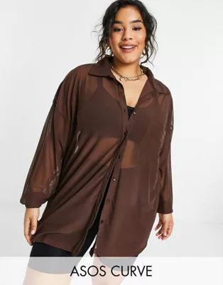 ASOS DESIGN Curve oversized mesh button shirt in brown | ASOS (Global)